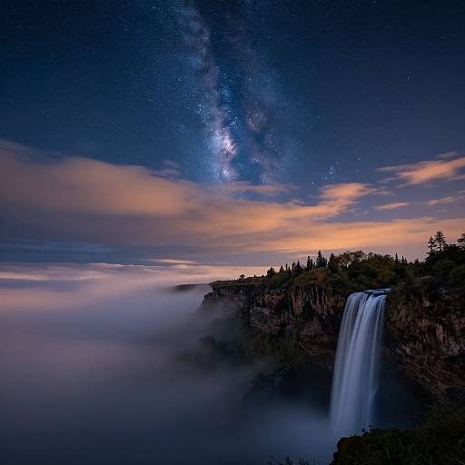 Photograph of a nighttime waterfall beneath a starry sky with the Milky Way, surrounded by misty clouds and rocky cliffs.