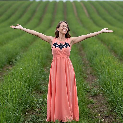 Photograph of a smiling woman with brown hair, wearing a coral dress with black lace detailing, standing with arms outstretched in a lush, green