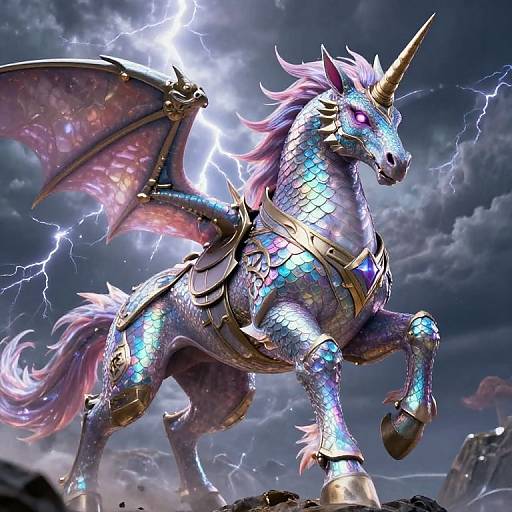 Digital artwork of a glowing, iridescent dragon-unicorn hybrid with bat-like wings, lightning bolts, and metallic armor, standing on rocky terrain.