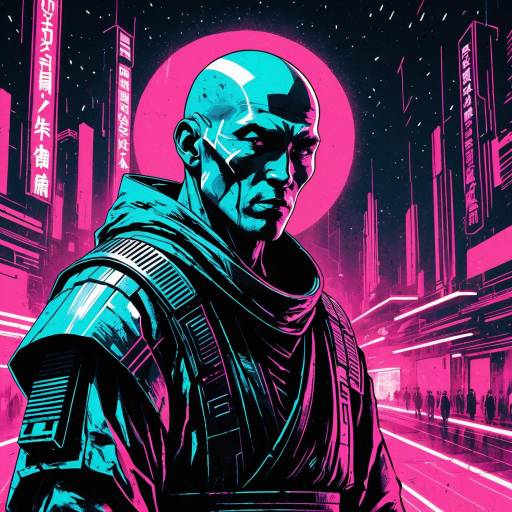 Stoic Cyborg Monk in Neon Cyberpunk City
