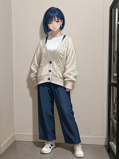 Young Woman in Casual Navy Blue Jumpsuit and Beige Cardigan