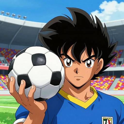 Digital anime-style drawing of a determined, dark-haired boy in a blue soccer jersey holding a black-and-white soccer ball, with a stadium and colorful seats