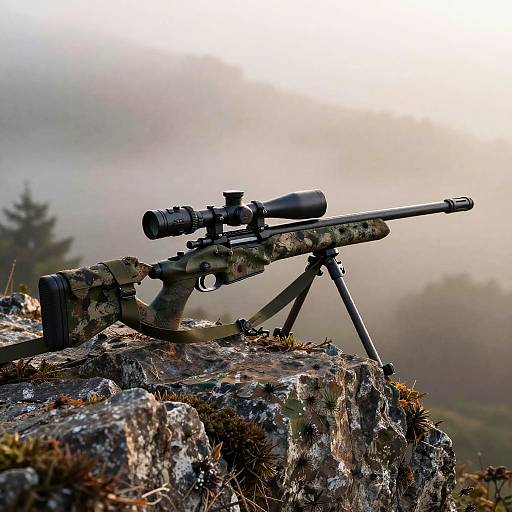 Bullpup Sniper Rifle Over Misty Valley