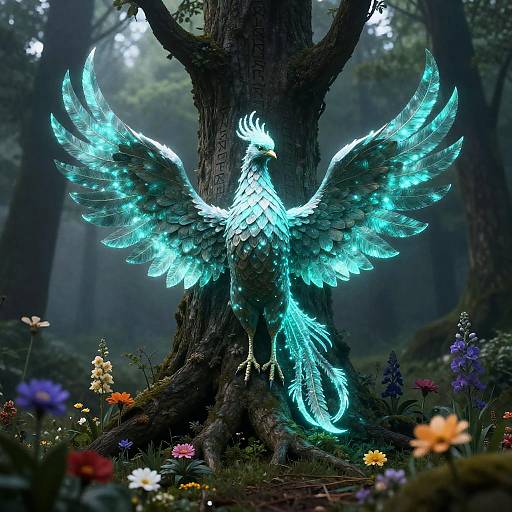 Teal Phoenix Amid Misty Glowing Forest