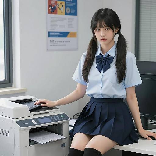 Young Asian woman in school uniform at office printer