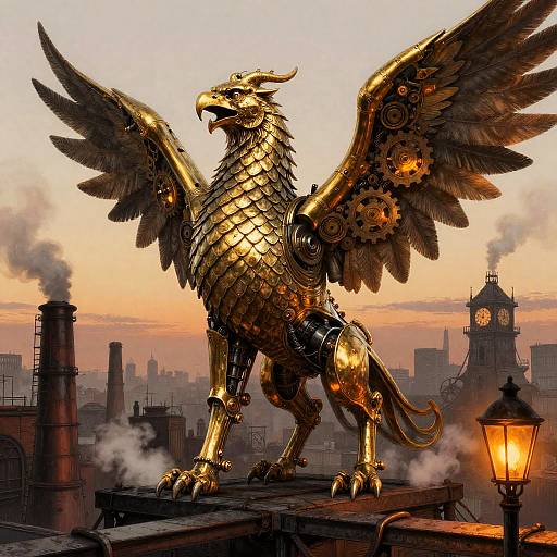 Brass-Armored Griffin Over Clockwork City