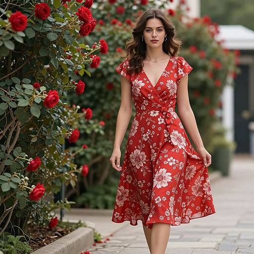 Photograph of a woman with wavy brown hair, wearing a red floral dress, walking down a cobblestone path lined with red roses.