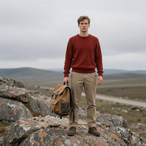 Serious Man in Rocky Landscape