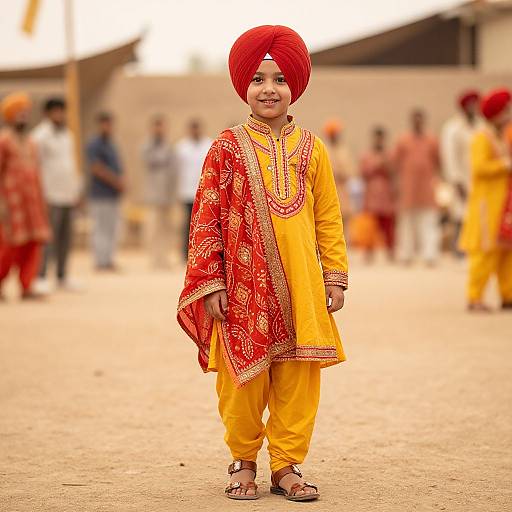Photograph of a smiling young boy in bright yellow kurta, red ornate shawl, and red turban, standing in a sunlit village
