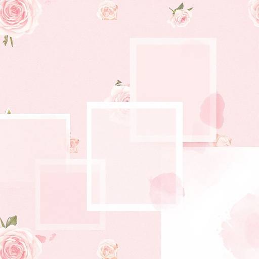 Digital floral pattern with pink roses, green leaves, and subtle pink accents, arranged in the top left and right corners.