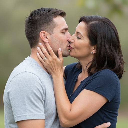 Photograph of a white couple kissing outdoors; man in gray shirt, woman in black top, she gently holds his face, blurred green background.