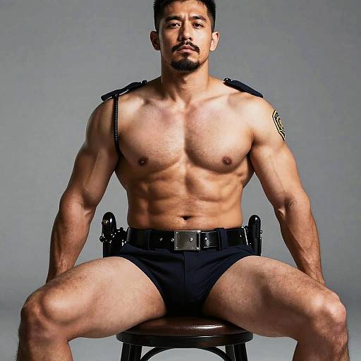 Photograph of a muscular, shirtless Asian male police officer with short black hair and beard, wearing black shorts and a belt with holstered guns,