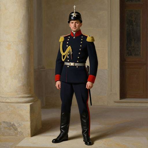 Photograph of a young Caucasian man in a formal black military uniform with gold epaulettes, red cuffs, and a black helmet, standing in