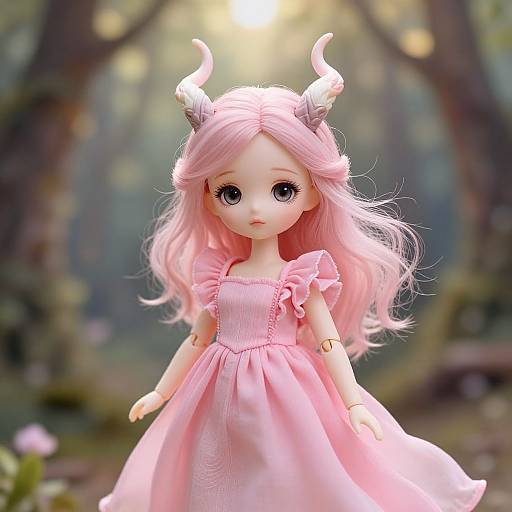 Photorealistic digital art of a doll with pink hair, white horns, and a pink dress, standing in a blurred forest background.