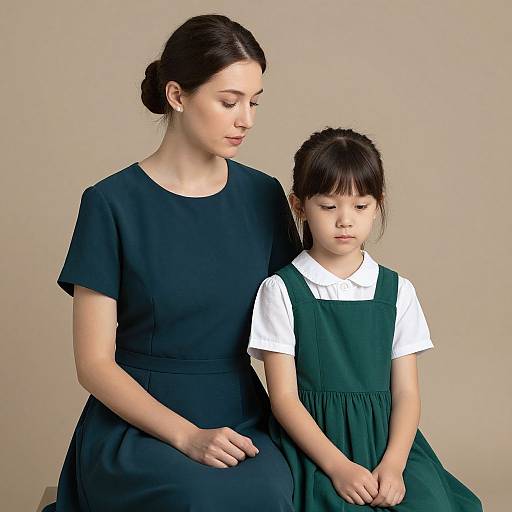 Photograph of a fair-skinned woman with dark hair in a black dress, seated beside a young girl with dark hair in a green pinafore