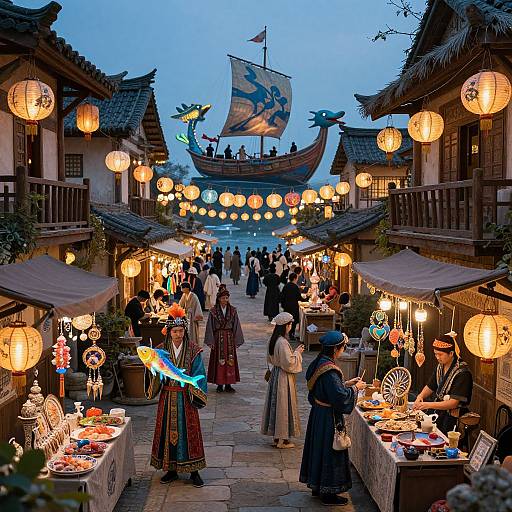 Photograph of a vibrant evening market in a traditional Asian village, with illuminated lanterns, colorful stalls, and people in traditional attire. A dragon-shaped