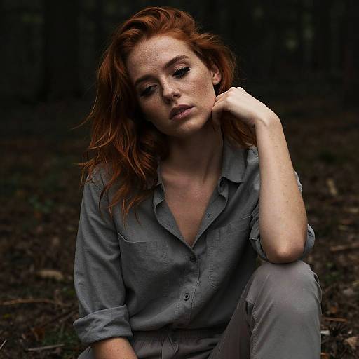 Pensive Redhead Woman in Forest
