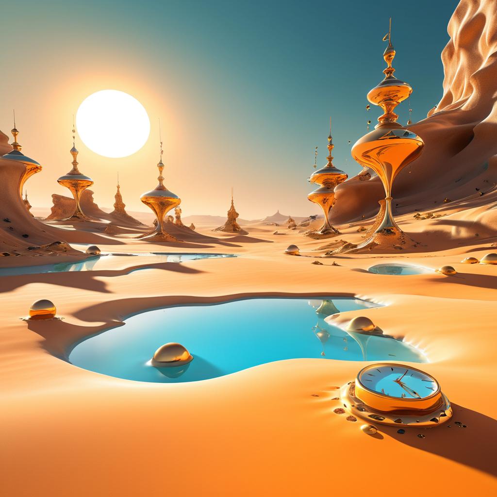 Surreal Desert Landscape with Melting Clocks