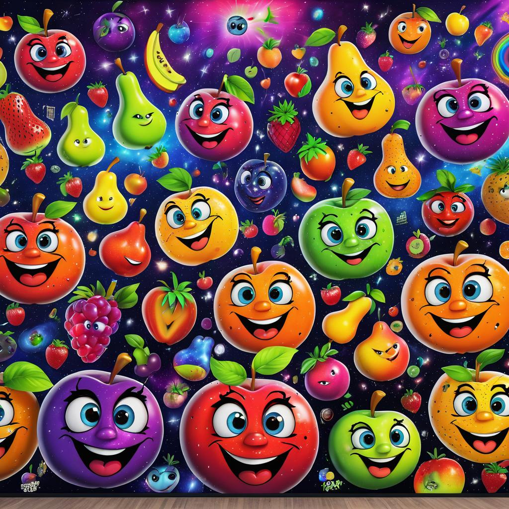 Goofy Animated Fruits in a Cosmic Canvas