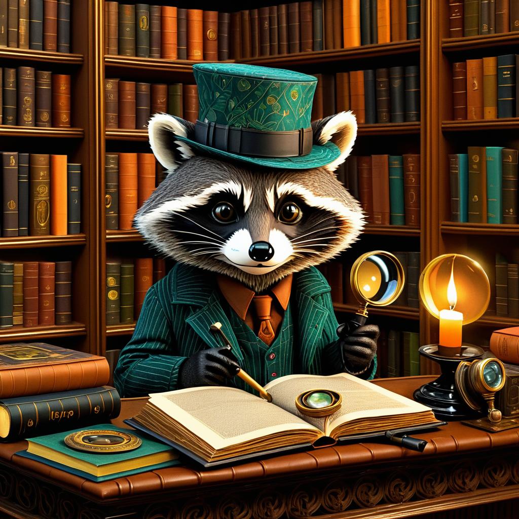 Detective Raccoon in a Mystical Library