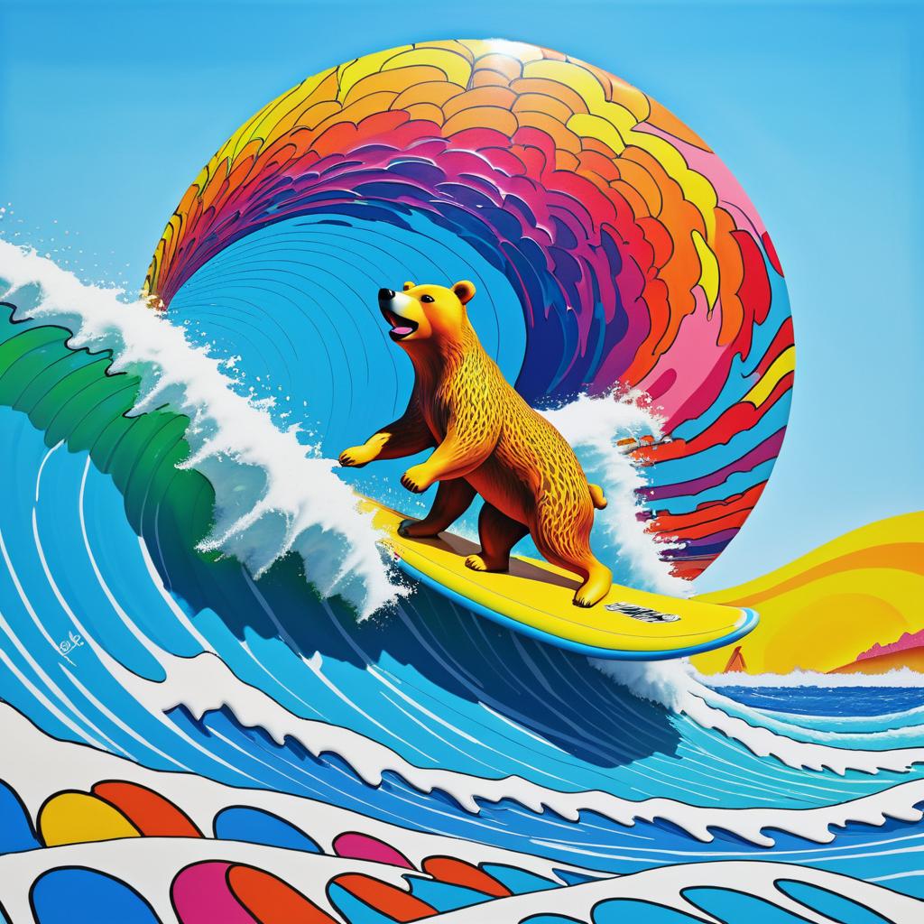 Whimsical Bear Surfing on a Wave