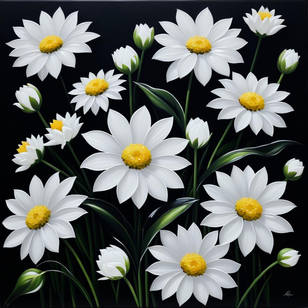 Realistic White Flowers Oil Painting on Black