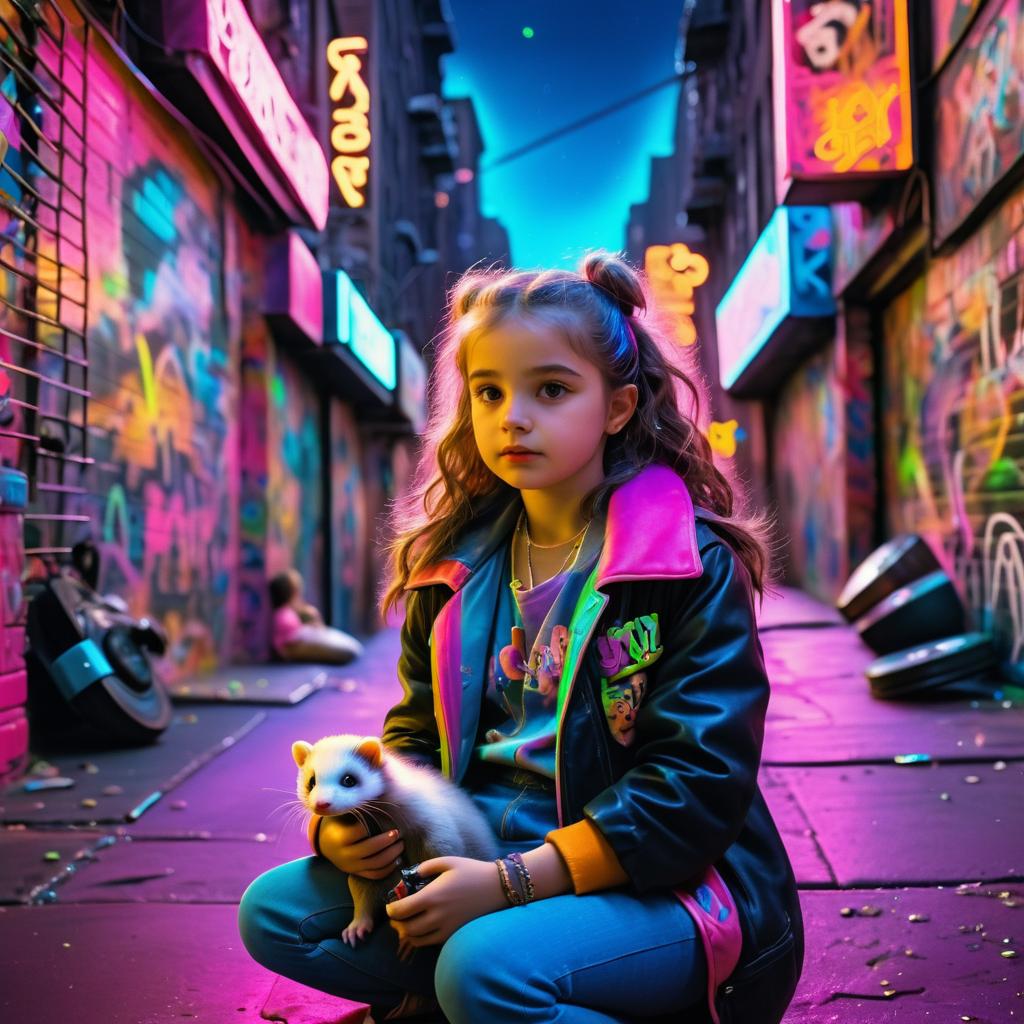 Curious Girl with Ferret in 1980s NYC