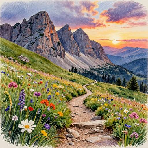 Colorful photograph of a winding mountain path through vibrant wildflowers, leading to majestic rocky peaks under a dramatic sunset sky.