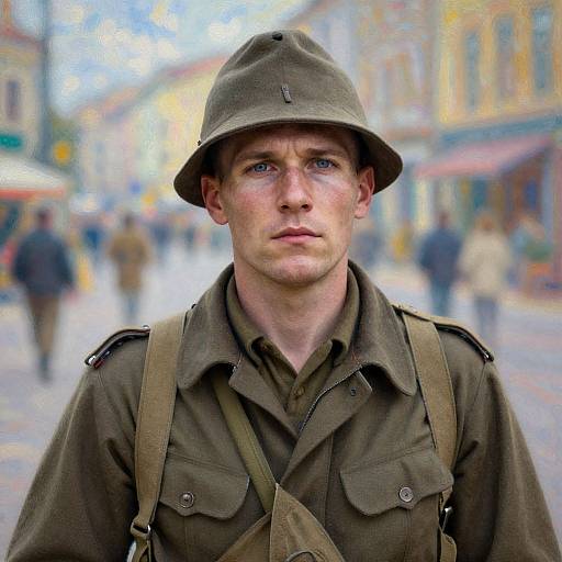 Photograph of a serious, blue-eyed Caucasian soldier in a green military uniform and helmet, standing on a colorful, bustling street.