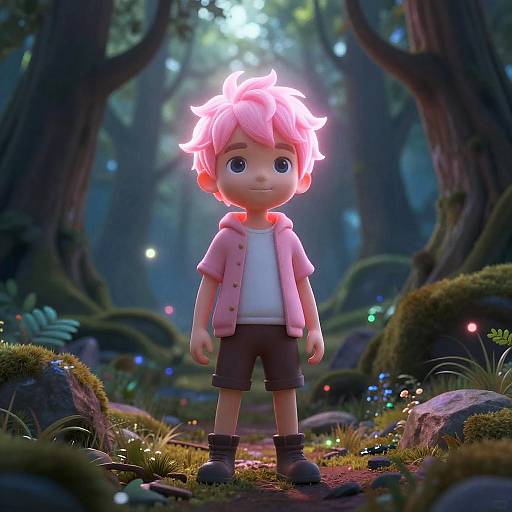 CGI image of a cute, pink-haired boy with large eyes, wearing a pink jacket, white shirt, and brown shorts, standing in a mystical