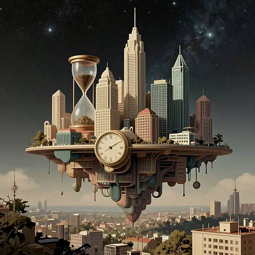Digital artwork of a floating cityscape with skyscrapers, clock, hourglass, and dangling cables against a starry night sky. Urban buildings below