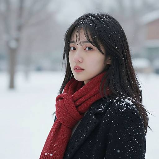 Photograph of an Asian woman with long black hair, red scarf, black coat, standing in a snowy outdoor setting, looking to the side with snow