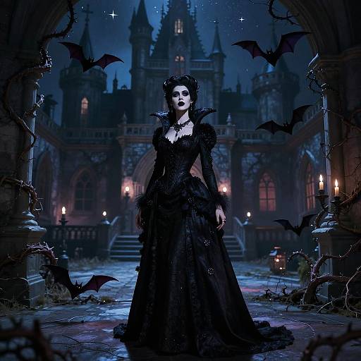 Gothic vampire woman in black lace dress stands before a dark, gothic castle with bats flying, under a starry night sky.