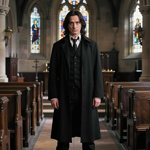 Man in Gothic Church Wearing Black Coat