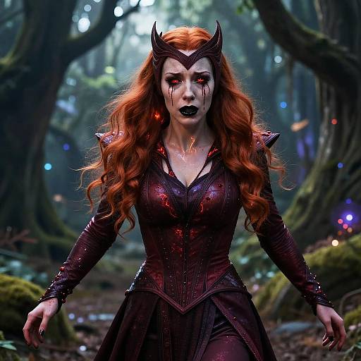 Digital art of a red-haired, pale-skinned woman with black makeup, glowing red eyes, dark armor, and horned headpiece, standing in
