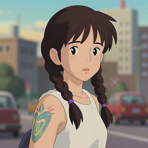 Anime-style digital drawing of a young girl with black braids, wearing a white tank top, showcasing a green tattoo on her shoulder, standing on a