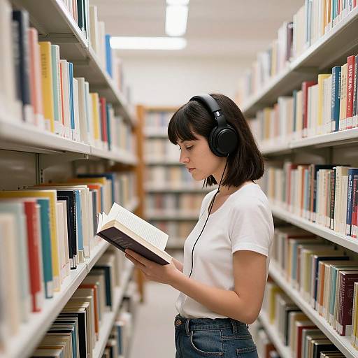 Photograph of a young woman with black headphones, white t-shirt, and jeans, reading a book in a brightly lit, colorful library aisle with tall