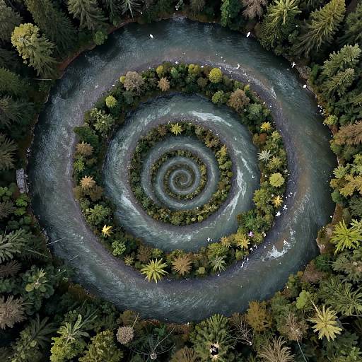 Aerial photograph of a spiral-shaped river surrounded by dense, circular forest, with trees in various shades of green and yellow.