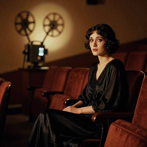 Photograph of a pale-skinned woman with short, curly black hair, wearing a black, V-neck dress, sitting in a dimly lit vintage
