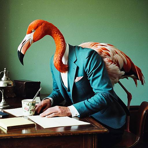 Elegant Flamingo Dandy at Desk