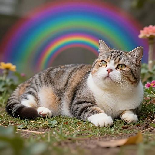 Photograph of a tabby cat with white paws and face, lying on grass with a vibrant rainbow in the background.