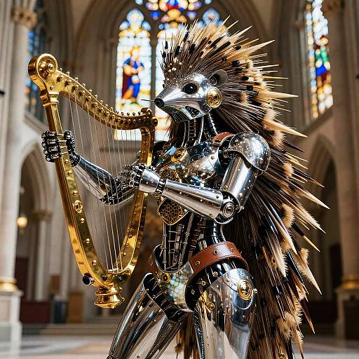 Chrome Porcupine Automaton Playing Harp in Cathedral