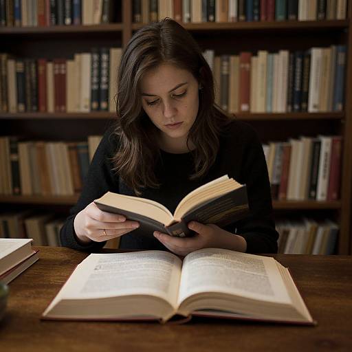 Photograph of a focused young woman with long brown hair, wearing a black sweater, reading an open book at a wooden table in a book-filled library