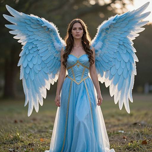 Photograph of a young woman with long brown hair, wearing a light blue, strapless gown with gold trim, and large, glowing blue angel wings