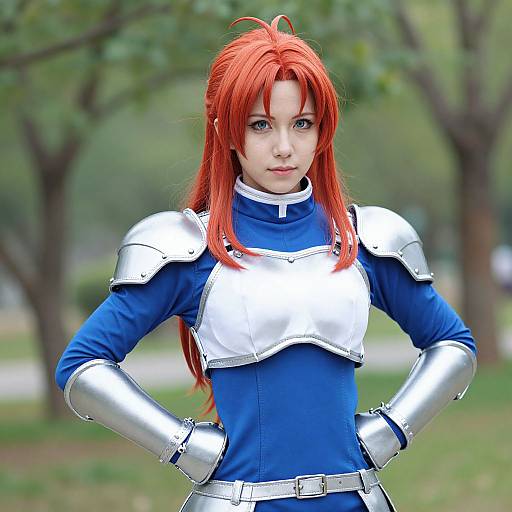 Photograph of a young woman with red hair in a blue medieval-style outfit, silver armor, and hands on hips, standing in a green park.