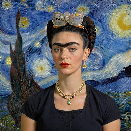 Photorealistic portrait of a woman with dark hair, red lipstick, black dress, gold necklace, earrings, and cat crown, against Van Gogh