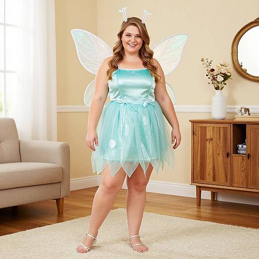 Photograph of a smiling, curvy woman with long brown hair, wearing a light blue fairy dress and white wings, standing in a bright living room