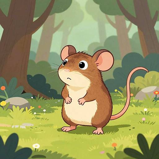 Cartoon-style drawing of a brown and cream-colored mouse standing in a sunlit, colorful forest clearing with trees and flowers.