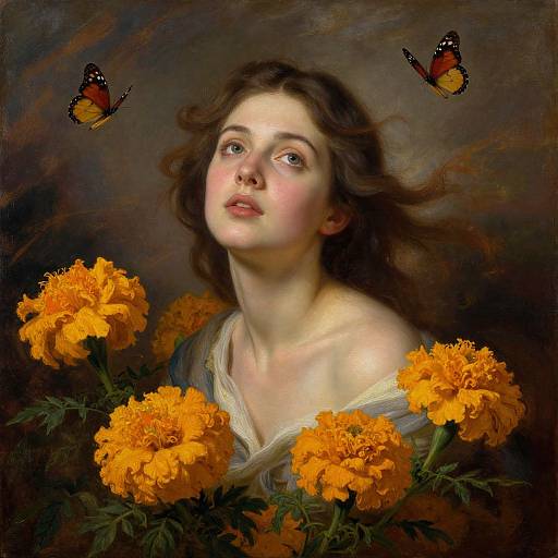 Digital painting of a fair-skinned woman with wavy brown hair, gazing at two butterflies above vibrant orange marigolds. Dark, moody