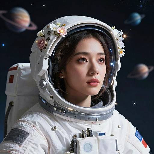 Digital art of an Asian woman in a white spacesuit adorned with flowers, gazing at space with planets in the background.